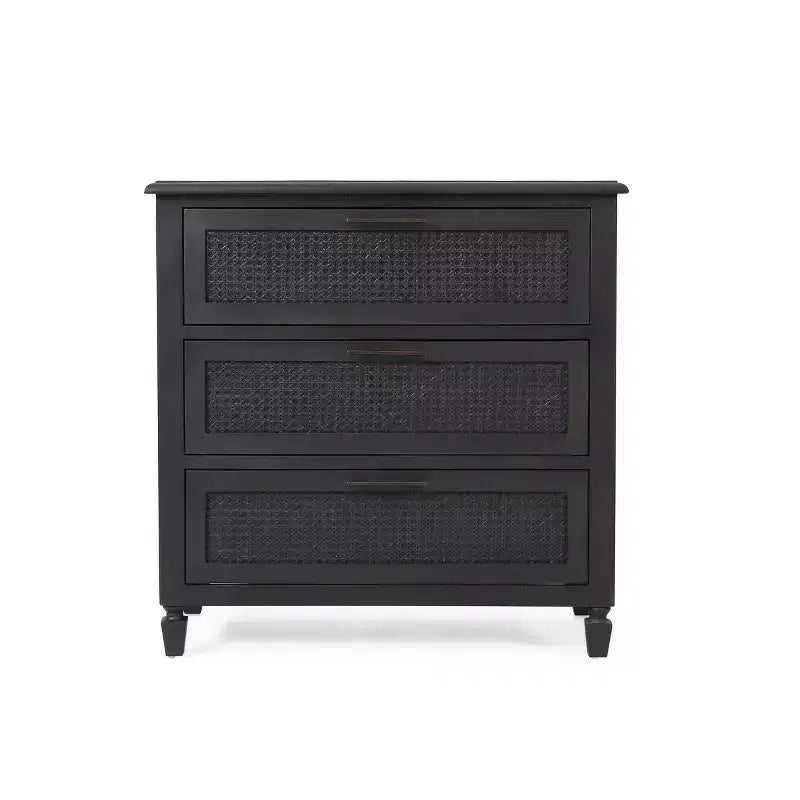 Commode à 3 tiroirs en bois d'acacia rustique et rotin gris foncé : Rangement de chambre, quincaillerie métallique