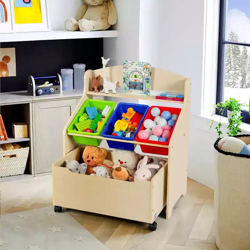 Meuble de rangement en bois pour jouets d'enfants avec bac roulant et bacs en plastique Naturel/Expresso