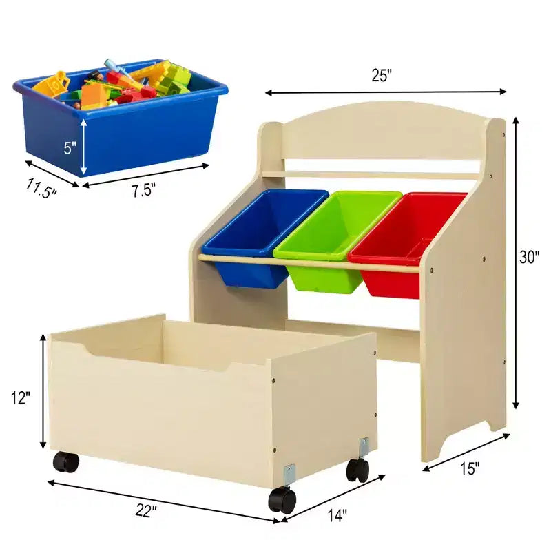 Meuble de rangement en bois pour jouets d'enfants avec bac roulant et bacs en plastique Naturel/Expresso