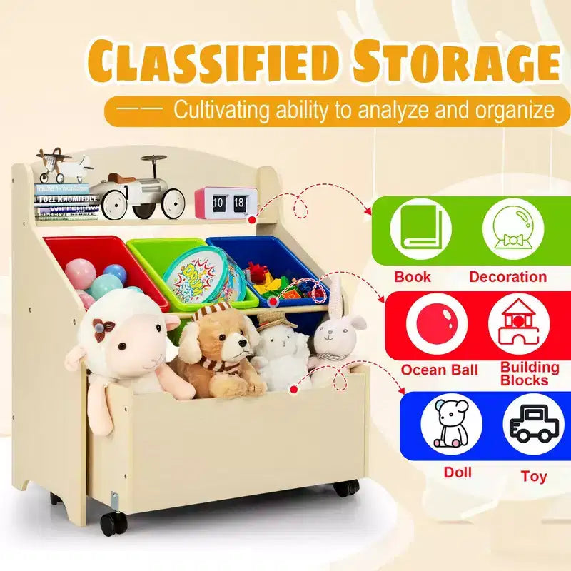 Meuble de rangement en bois pour jouets d'enfants avec bac roulant et bacs en plastique Naturel/Expresso