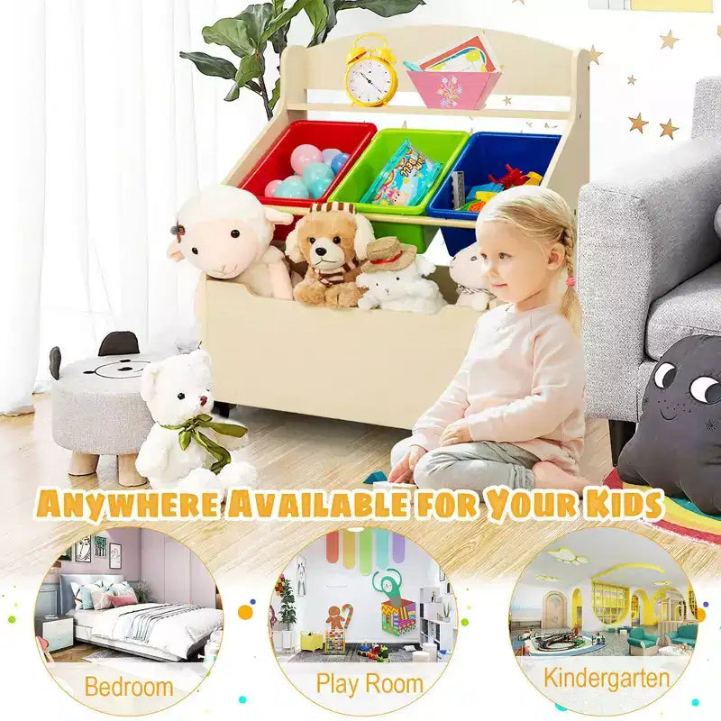 Meuble de rangement en bois pour jouets d'enfants avec bac roulant et bacs en plastique Naturel/Expresso