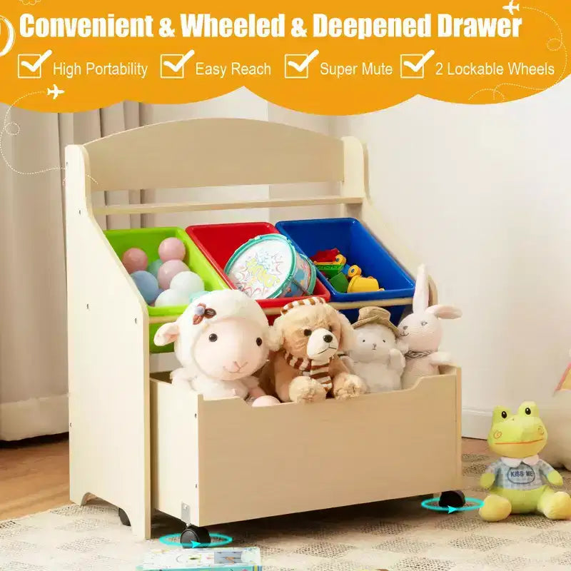 Meuble de rangement en bois pour jouets d'enfants avec bac roulant et bacs en plastique Naturel/Expresso