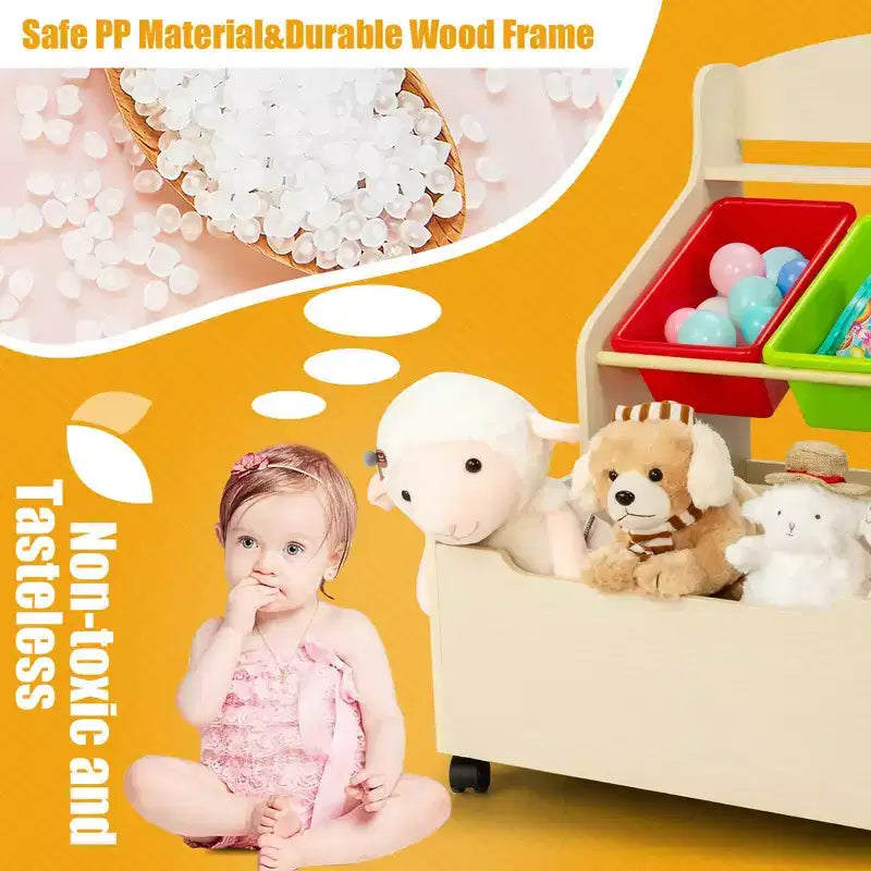Meuble de rangement en bois pour jouets d'enfants avec bac roulant et bacs en plastique Naturel/Expresso