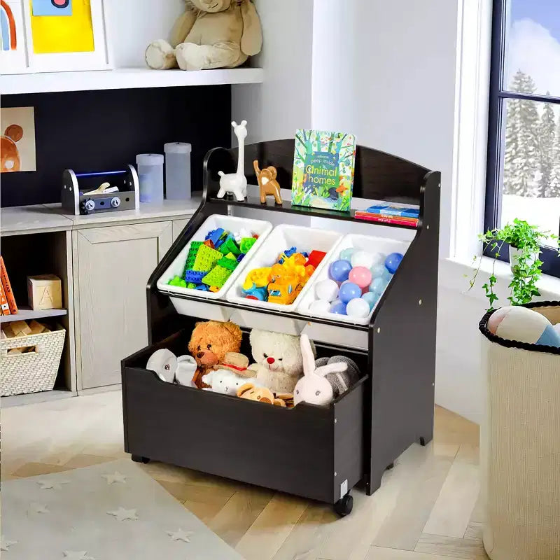 Meuble de rangement en bois pour jouets d'enfants avec bac roulant et bacs en plastique Naturel/Expresso