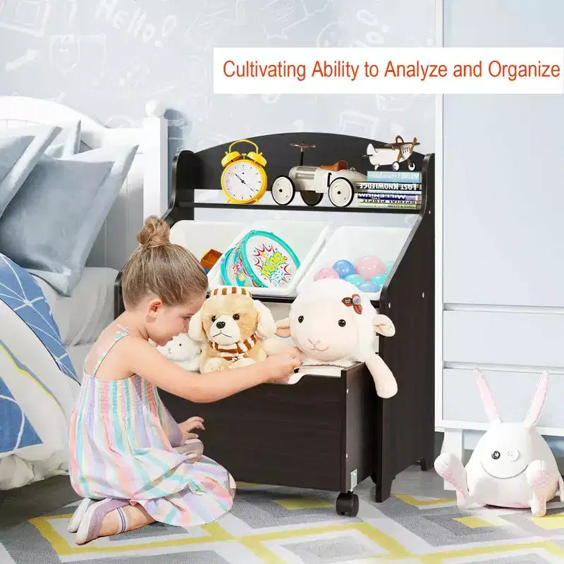 Meuble de rangement en bois pour jouets d'enfants avec bac roulant et bacs en plastique Naturel/Expresso