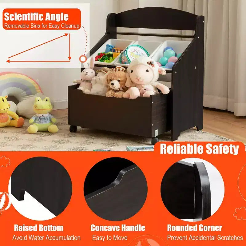 Meuble de rangement en bois pour jouets d'enfants avec bac roulant et bacs en plastique Naturel/Expresso