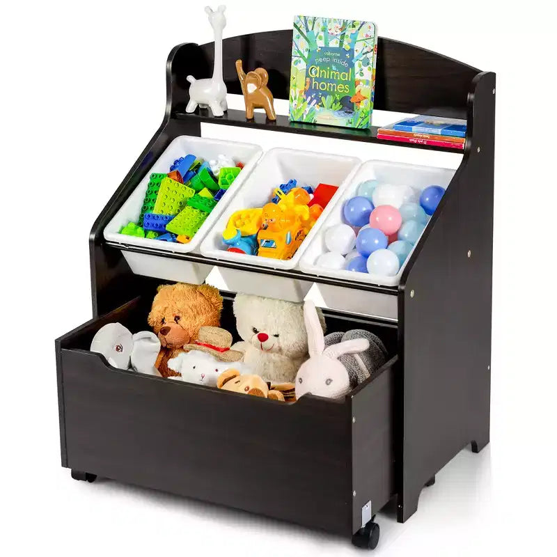 Costway Kids Wooden Toy Storage Unit Organizer w/Rolling Toy Box & Plastic Bins Natural\Espresso