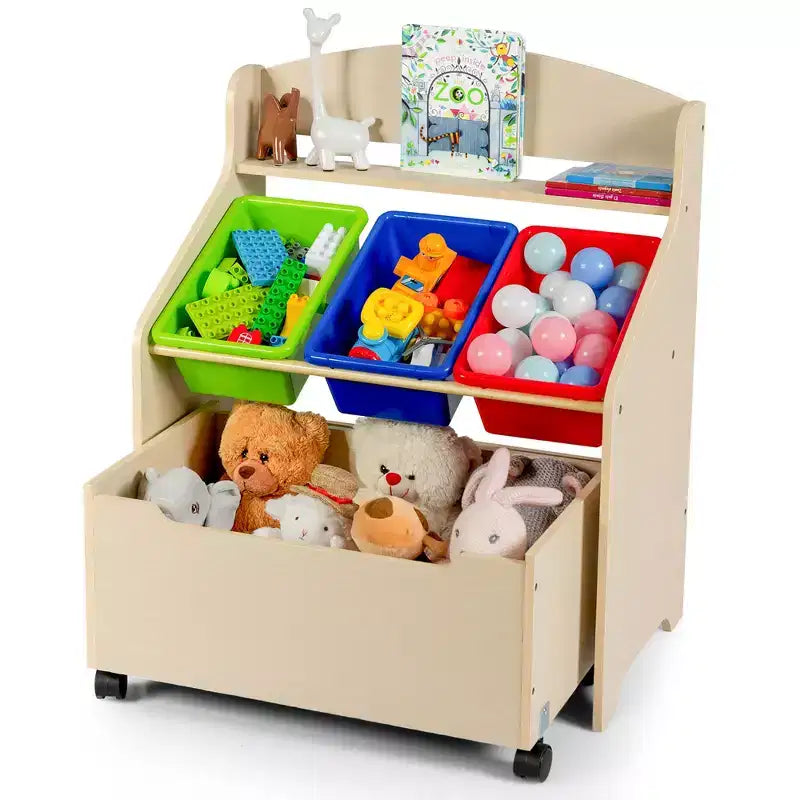 Meuble de rangement en bois pour jouets d'enfants avec bac roulant et bacs en plastique Naturel/Expresso