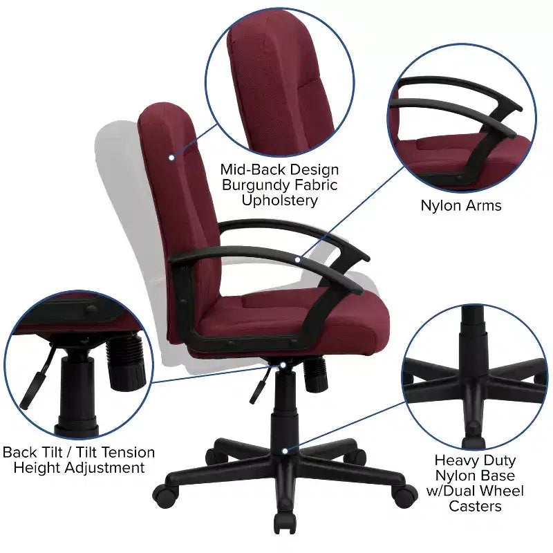 Chaise de bureau pivotante de direction à dossier mi-haut en tissu avec accoudoirs en nylon