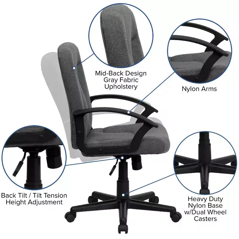 Chaise de bureau pivotante de direction à dossier mi-haut en tissu avec accoudoirs en nylon