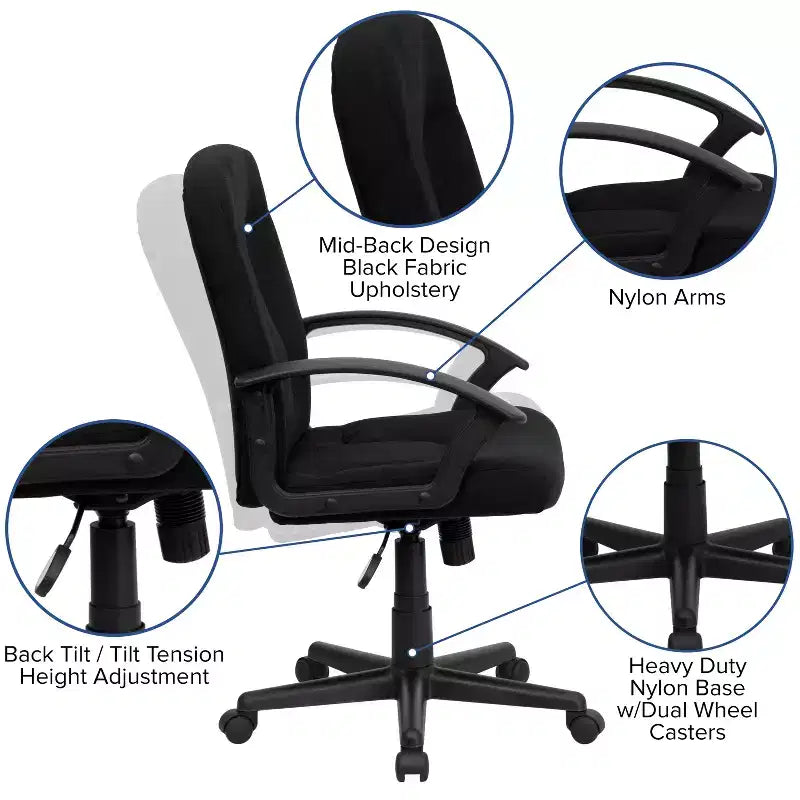 Chaise de bureau pivotante de direction à dossier mi-haut en tissu avec accoudoirs en nylon