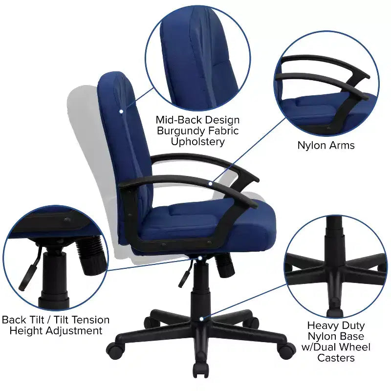 Chaise de bureau pivotante de direction à dossier mi-haut en tissu avec accoudoirs en nylon