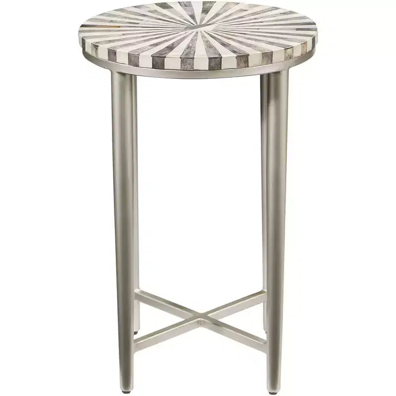 Table d'appoint ronde moderne en fer 14 avec plateau en pinwheel gris argenté pour salon, chambre, chevet, entrée, bureau