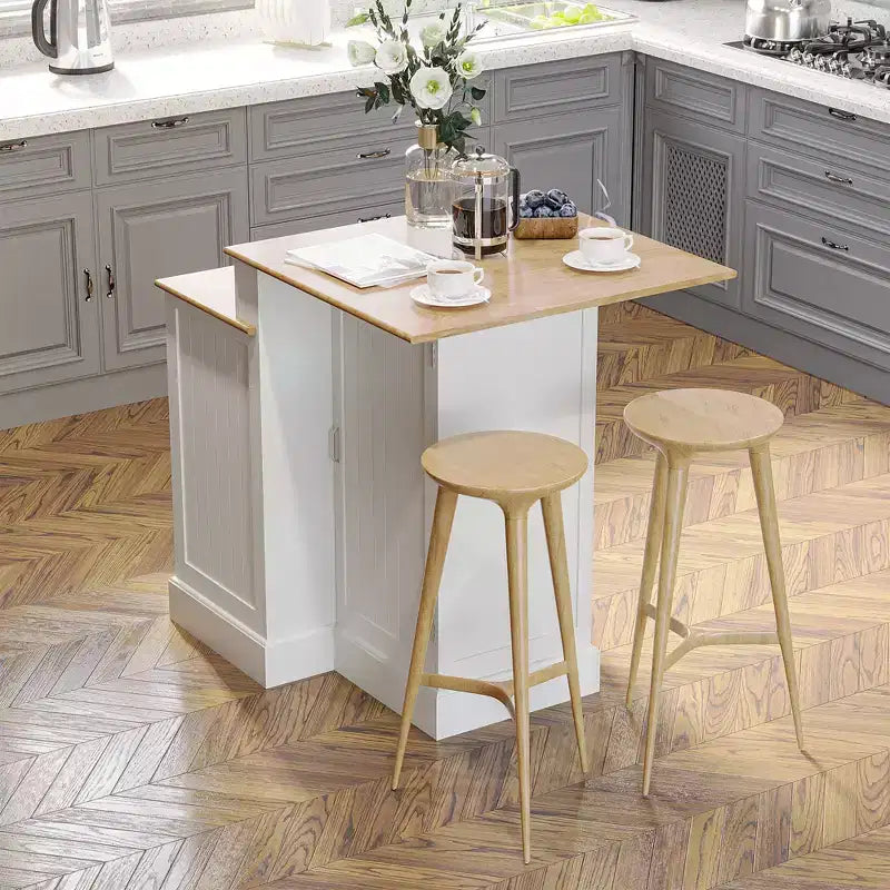 Îlot de cuisine avec armoire de rangement et plateau en bois d'hévéa à 2 niveaux, table îlot avec étagères réglables et tiroirs, blanc