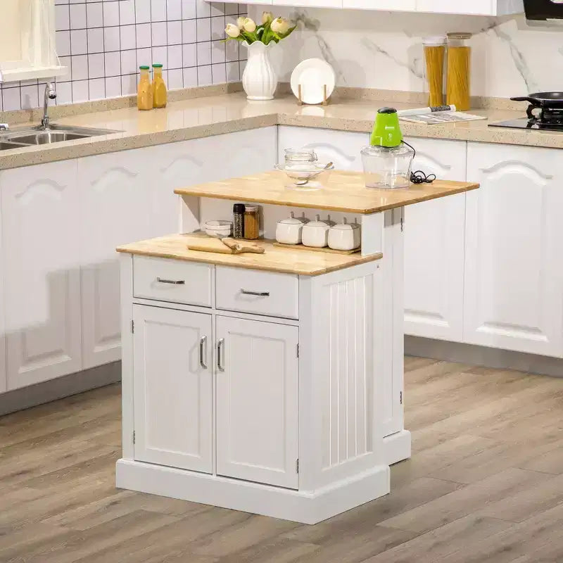 Îlot de cuisine avec armoire de rangement et plateau en bois d'hévéa à 2 niveaux, table îlot avec étagères réglables et tiroirs, blanc