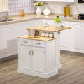 Îlot de cuisine avec armoire de rangement et plateau en bois d'hévéa à 2 niveaux, table îlot avec étagères réglables et tiroirs, blanc