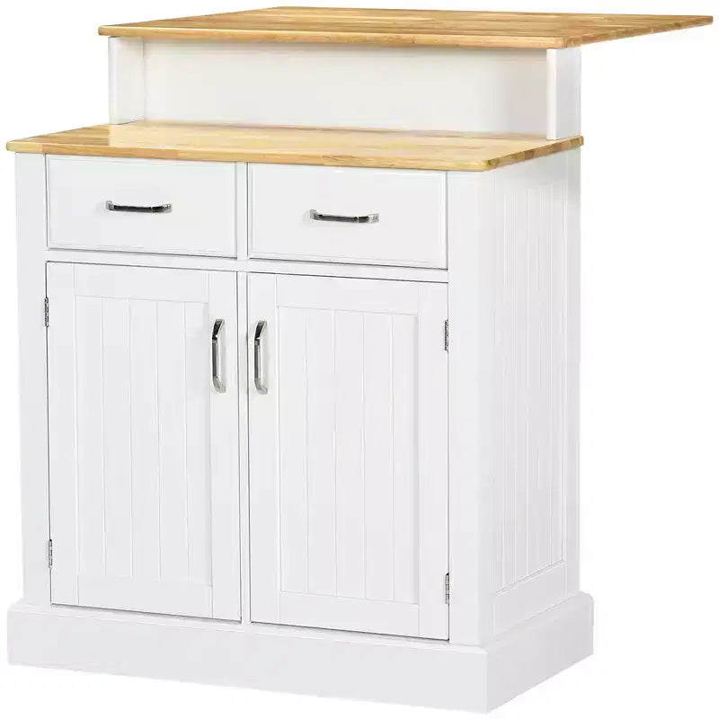 Îlot de cuisine avec armoire de rangement et plateau en bois d'hévéa à 2 niveaux, table îlot avec étagères réglables et tiroirs, blanc
