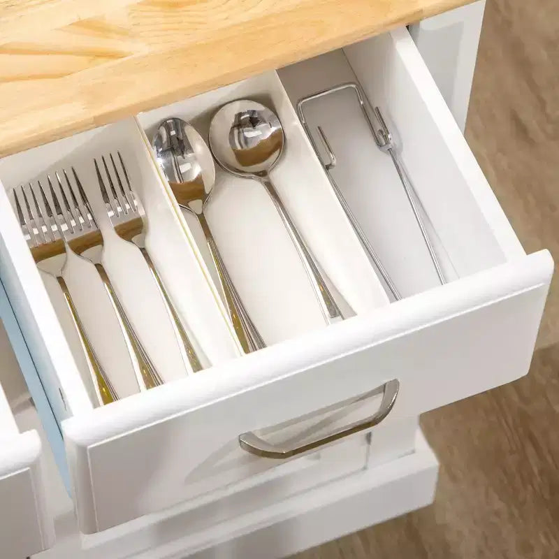 Îlot de cuisine avec armoire de rangement et plateau en bois d'hévéa à 2 niveaux, table îlot avec étagères réglables et tiroirs, blanc