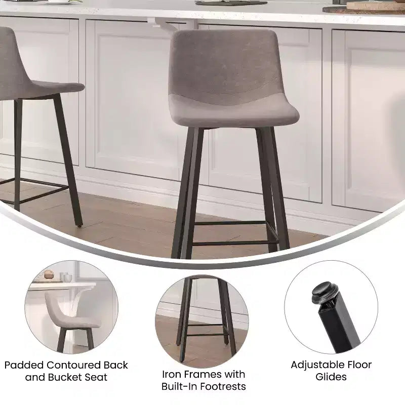 Lot de Deux Tabourets de Bar Modernes Rembourrés de 24 pouces, Armatures en Métal Mat et Patins en Plastique