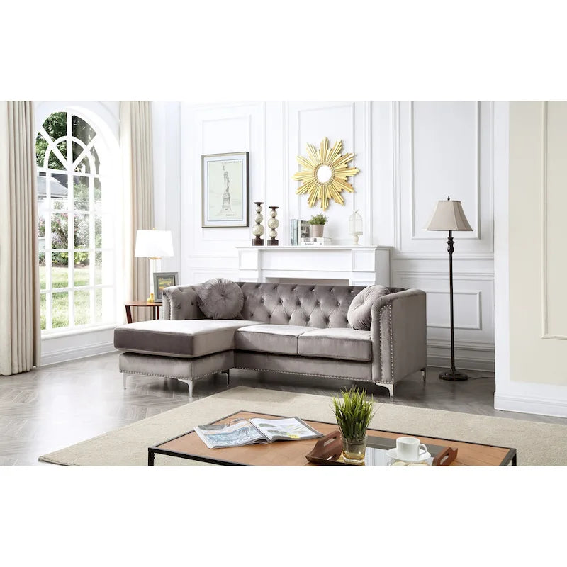 Pompano 83 in. Tufted Velvet Sectional with 2-Throw Pillow - 83L x 58W x 31H