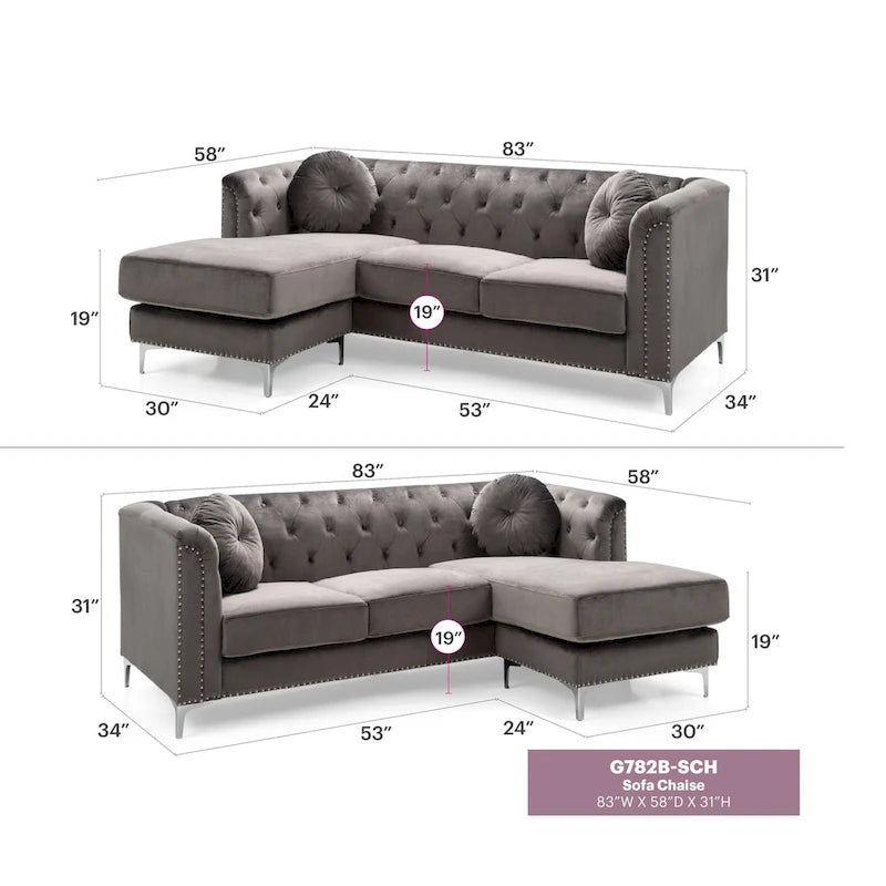 Pompano 83 in. Tufted Velvet Sectional with 2-Throw Pillow - 83L x 58W x 31H
