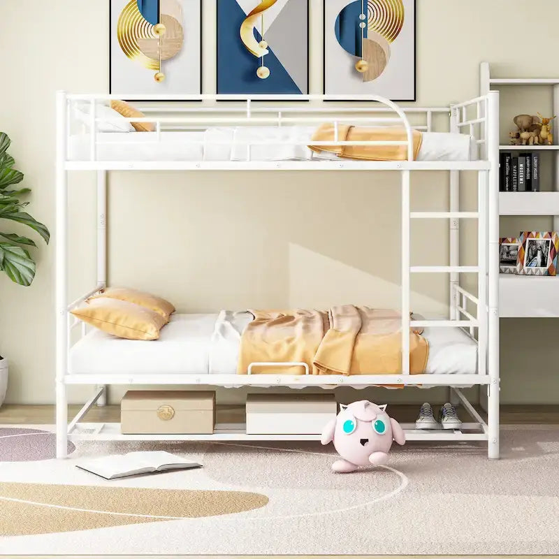 Metal Bunk Bed with Shelf and GuardrailsFull Over Full/Twin Over Twin
