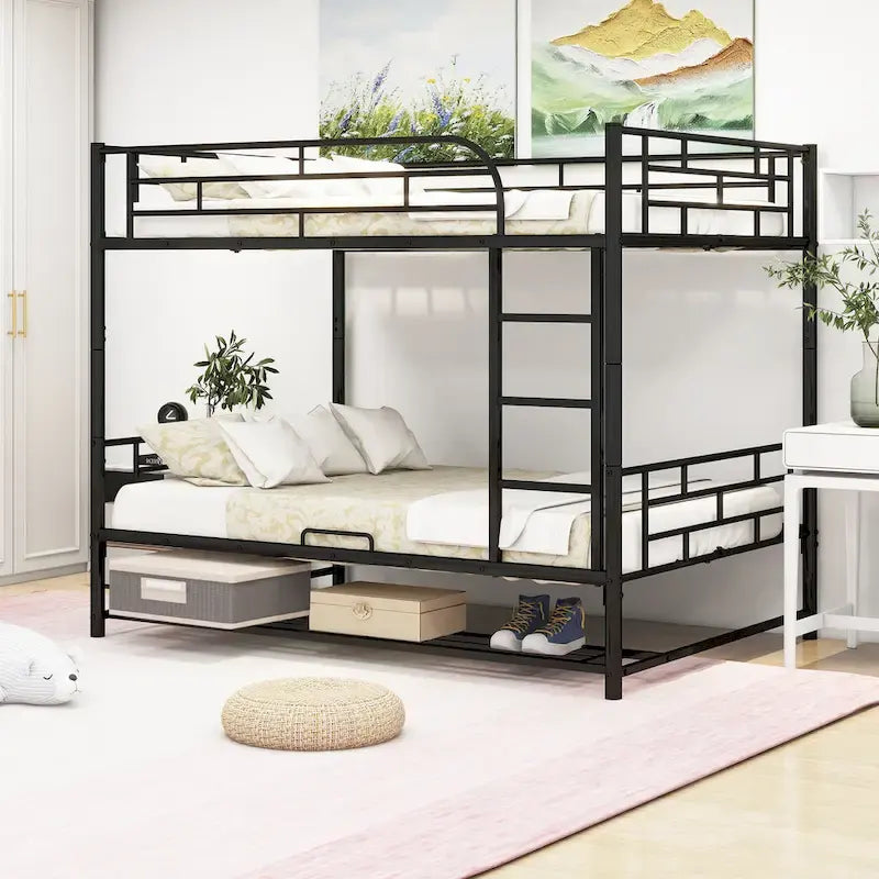 Metal Bunk Bed with Shelf and GuardrailsFull Over Full/Twin Over Twin