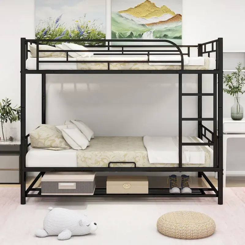 Metal Bunk Bed with Shelf and GuardrailsFull Over Full/Twin Over Twin