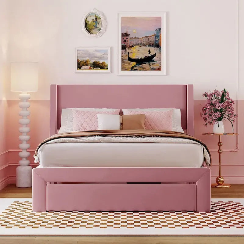 Full Size Storage Bed Velvet Upholstered with a Big Drawer