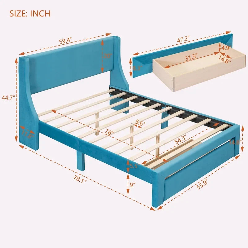 Full Size Storage Bed Velvet Upholstered with a Big Drawer