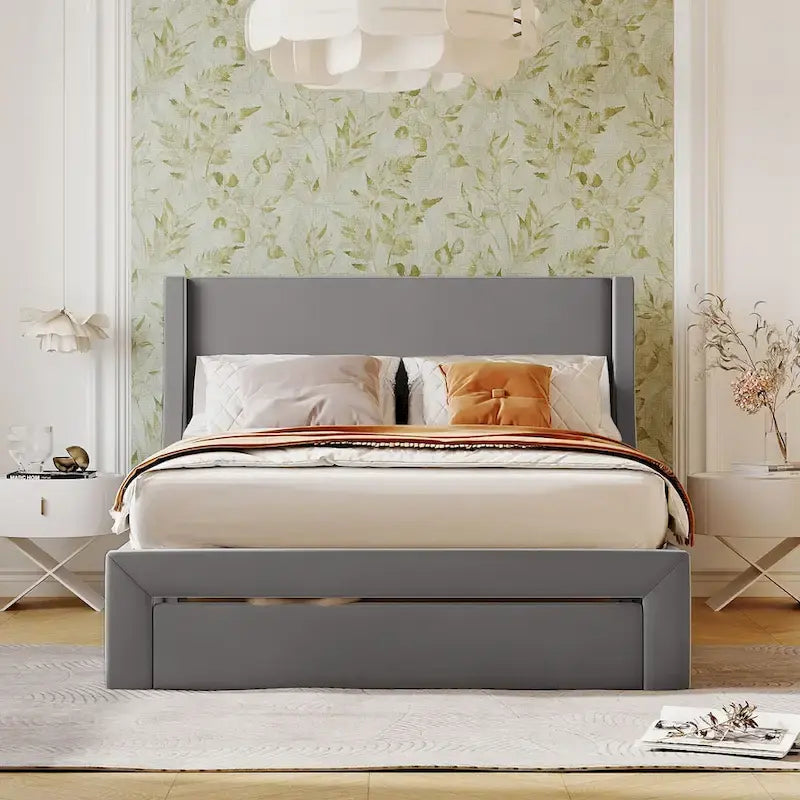 Full Size Storage Bed Velvet Upholstered with a Big Drawer