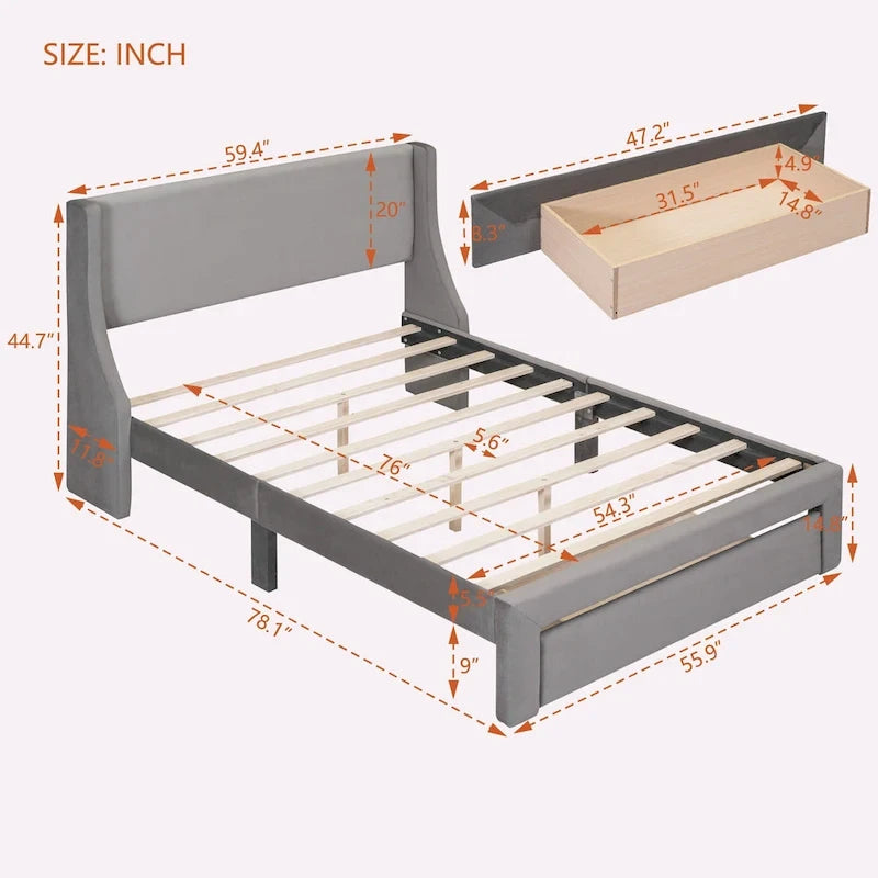 Full Size Storage Bed Velvet Upholstered with a Big Drawer