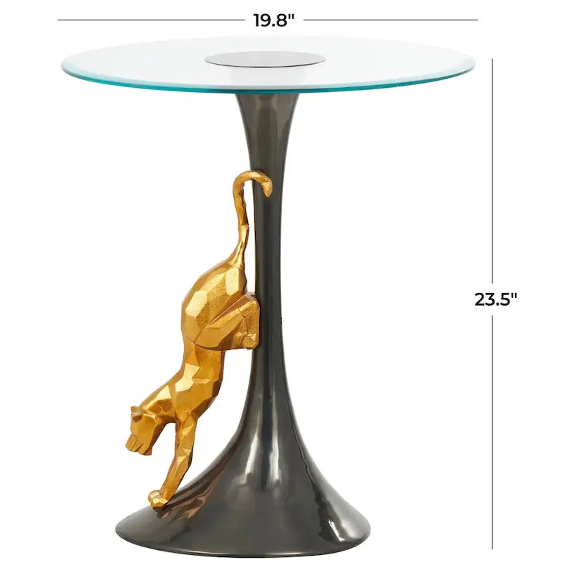 Aluminum Metal Leopard Accent Table with Gold Leopard Accent and Tempered Glass Top - Black - Roche River Decor