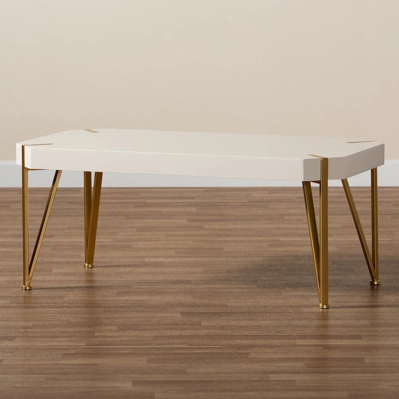 Kassa Glam Brushed Gold Metal and White Finished Wood Coffee Table