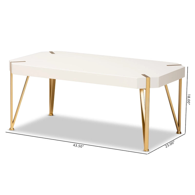 Kassa Glam Brushed Gold Metal and White Finished Wood Coffee Table