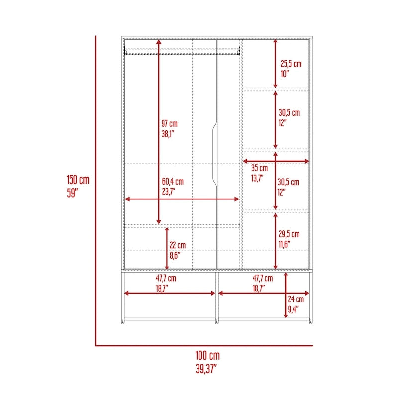 Rosie Armoire with Two Doors , Open Shelves, Concealed Five Shelves and Hanging Rod - N/A
