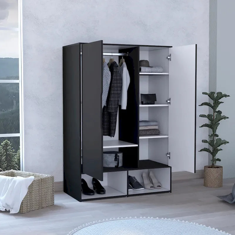 Rosie Armoire with Two Doors , Open Shelves, Concealed Five Shelves and Hanging Rod - N/A