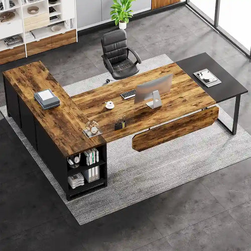 70.8 Executive Desk with 55 File Cabinet, Large L-Shaped Office Computer Desk with Storage Shelves and Cabinet
