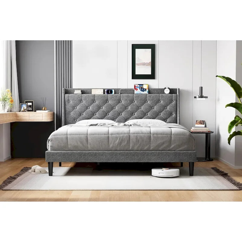 Upholstered Bed Frame with Wingback Headboard