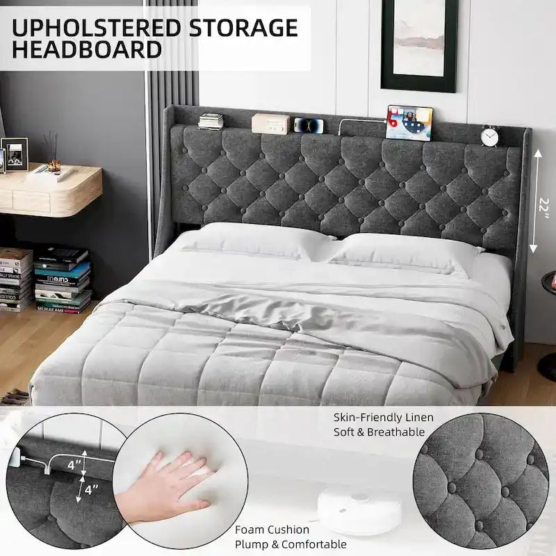 Upholstered Bed Frame with Wingback Headboard