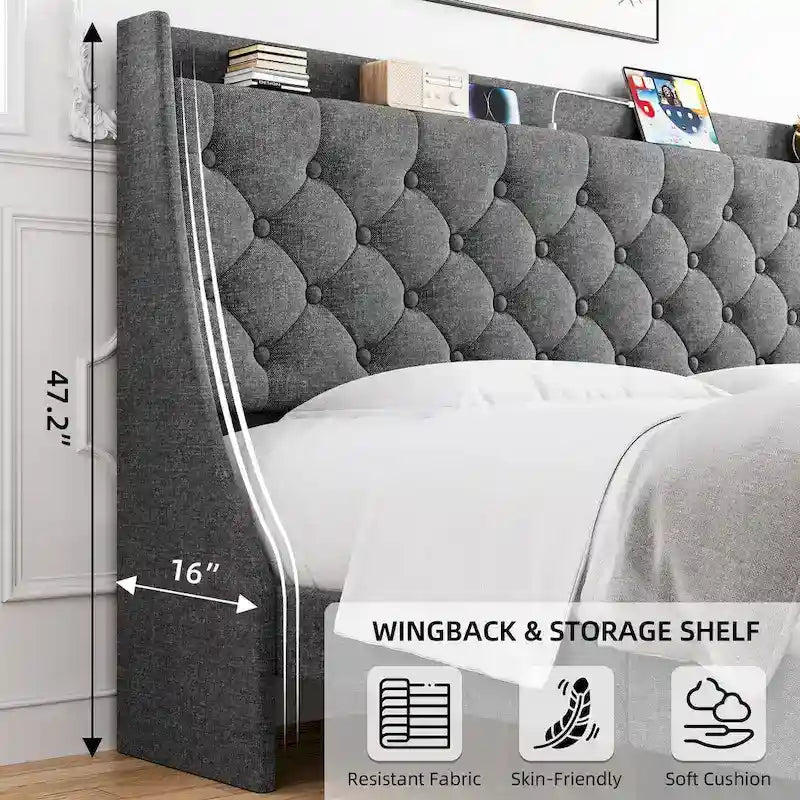 Upholstered Bed Frame with Wingback Headboard