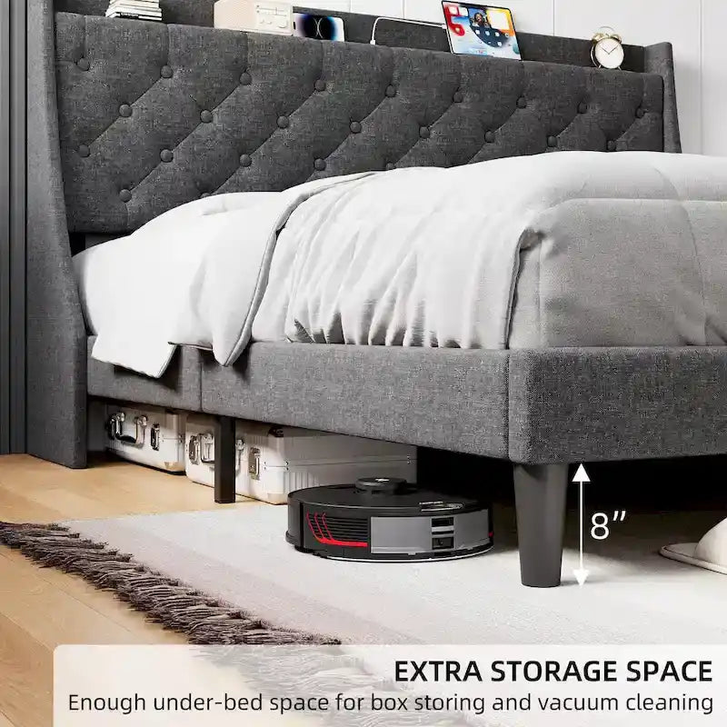 Upholstered Bed Frame with Wingback Headboard