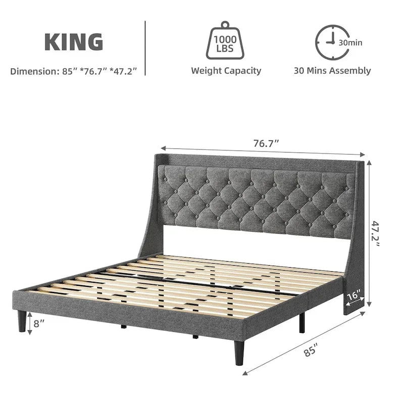 Upholstered Bed Frame with Wingback Headboard