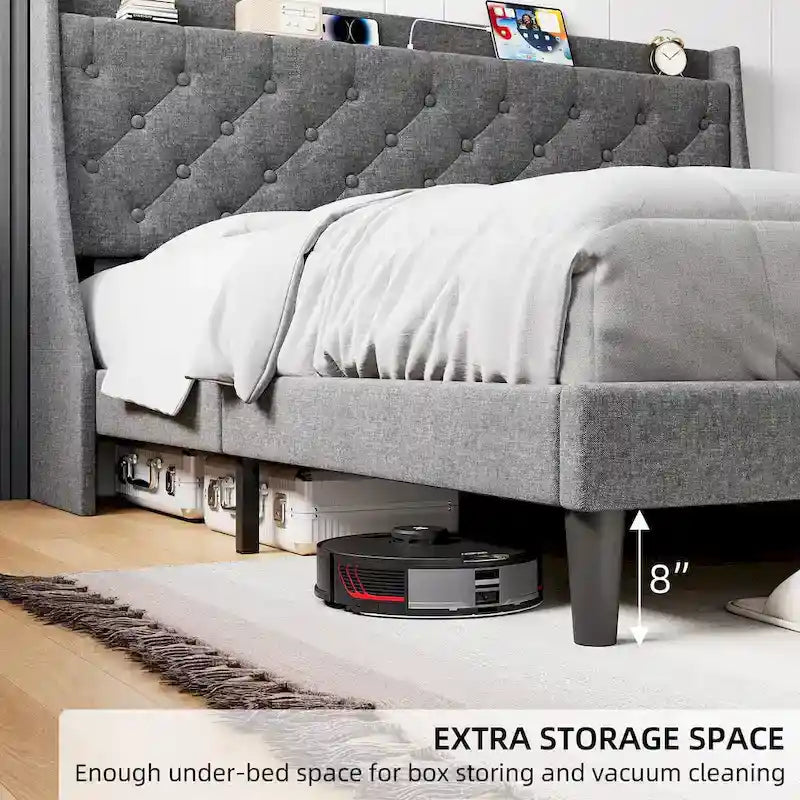 Upholstered Bed Frame with Wingback Headboard