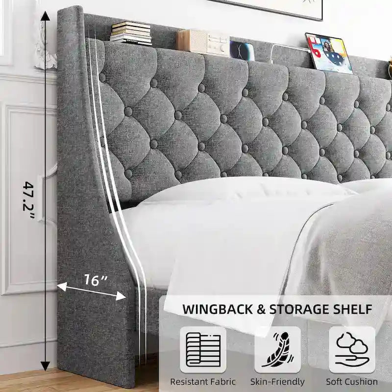 Upholstered Bed Frame with Wingback Headboard