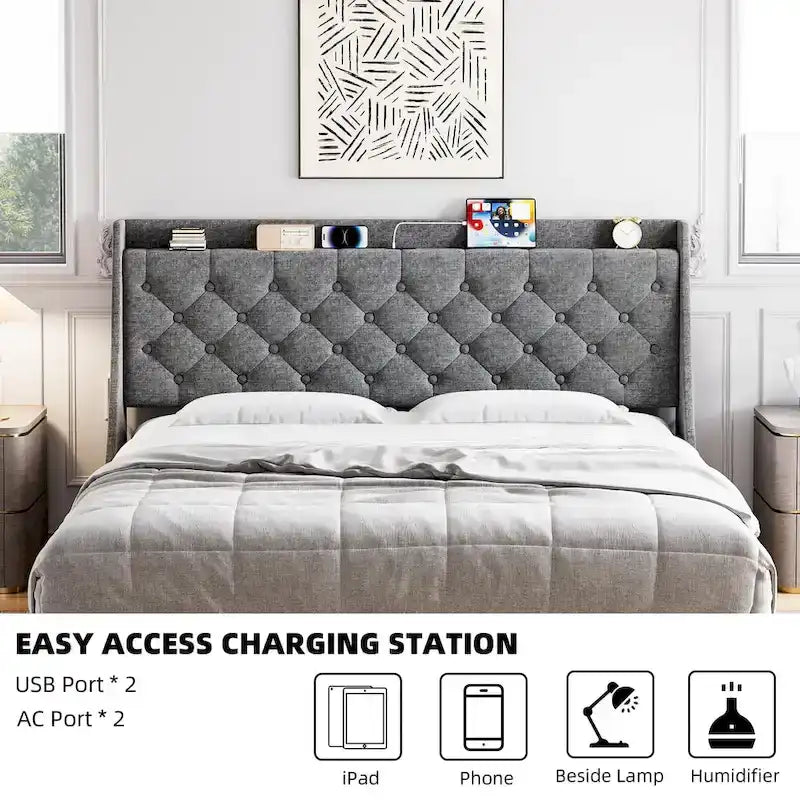 Upholstered Bed Frame with Wingback Headboard