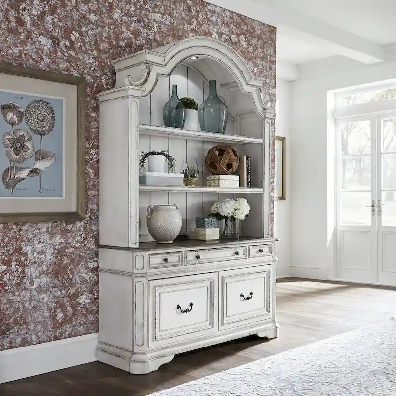 Magnolia Manor Antique White Weathered Bark 3 Piece Desk & Hutch Set