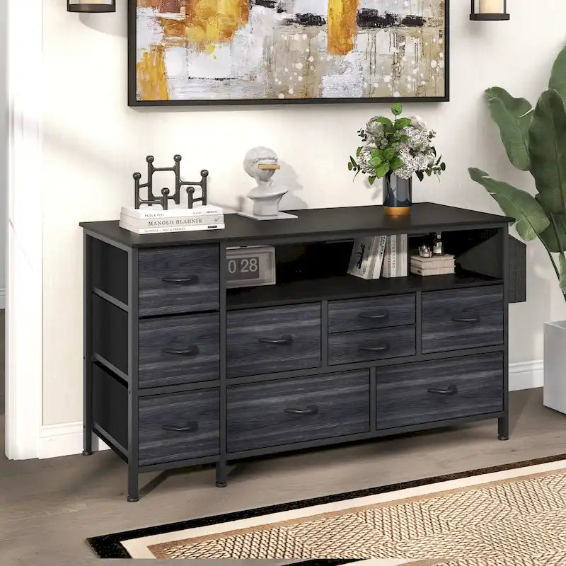 Moasis 50W 9-drawer Fabric Dresser, Media Console, TV Stand with Outlets, RGB Lights