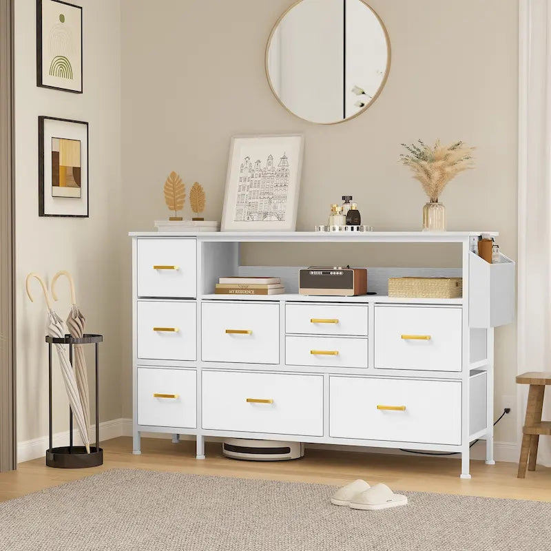 Moasis 50W 9-drawer Fabric Dresser, Media Console, TV Stand with Outlets, RGB Lights
