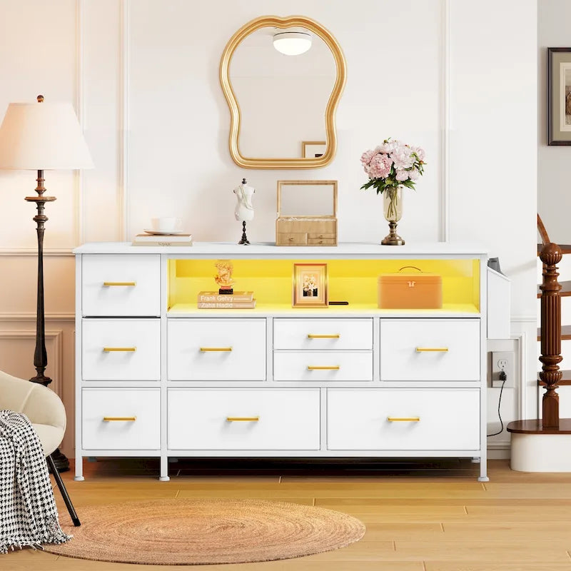 Moasis 50W 9-drawer Fabric Dresser, Media Console, TV Stand with Outlets, RGB Lights
